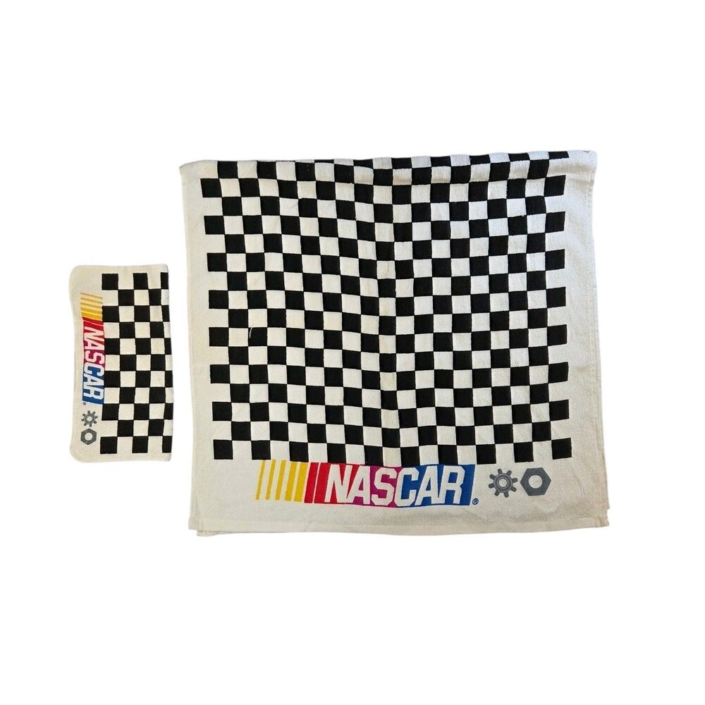 NASCAR Bath Towel & Washcloth Set Auto Racing Checker Flag 100% Cotton 2 Pc Set